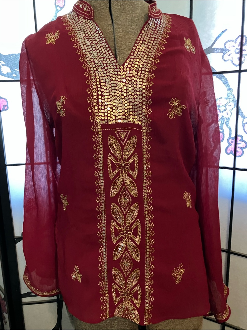 dressbarn Maroon Tunic with Gold Embellishment